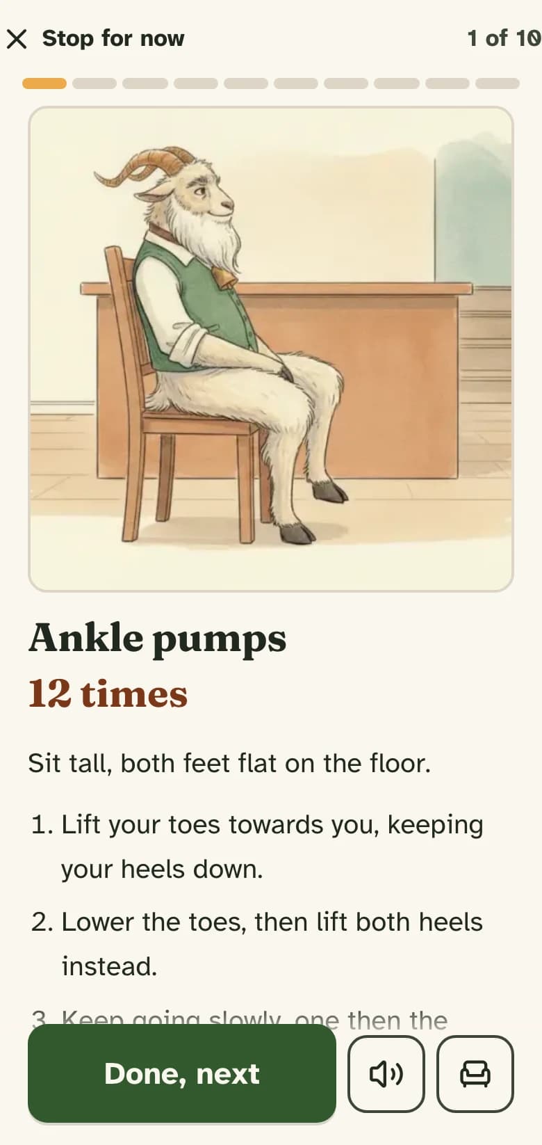 A movement in the daily ten: one illustration, what to do, and one button.